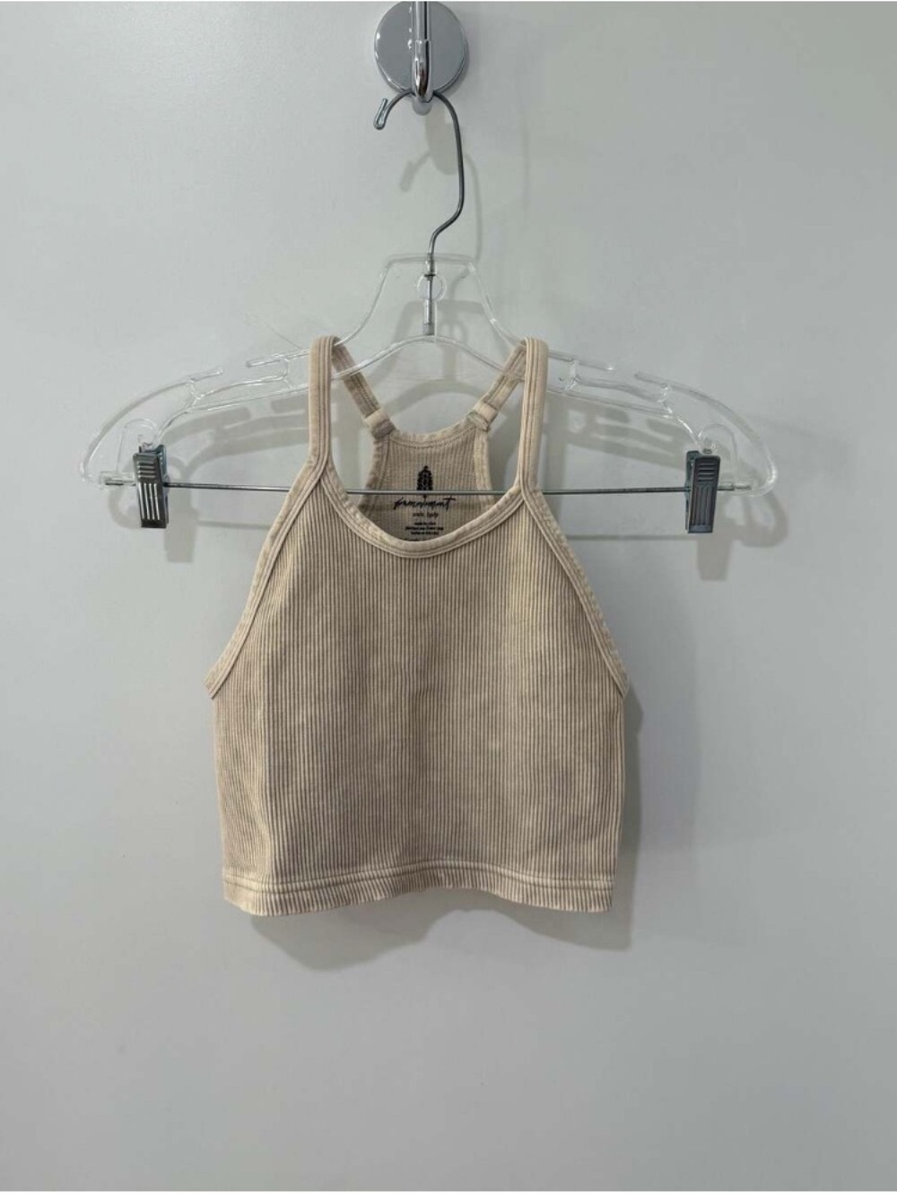 Ribbed High-Neck Crop Tank Top in Beige